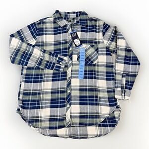 GAP Shirt Women's L Blue Plaid Long Sleeve Button Down Relaxed Fit Flannel NWT